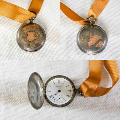 Collage of pictures of an old, fancy pocket watch.