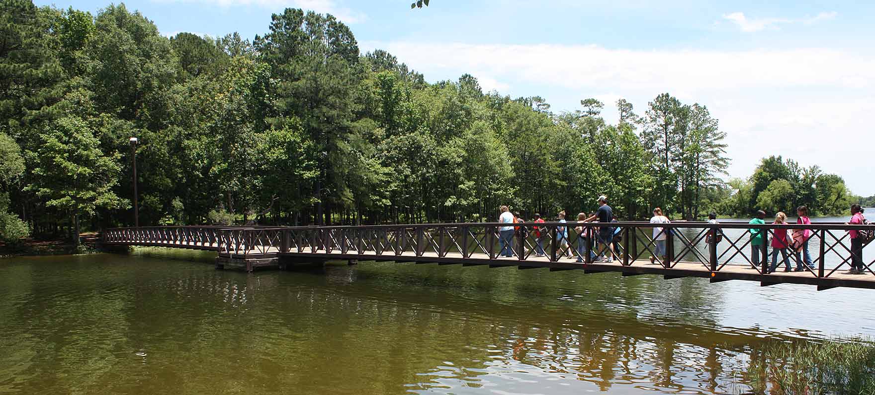 people crossing bridge