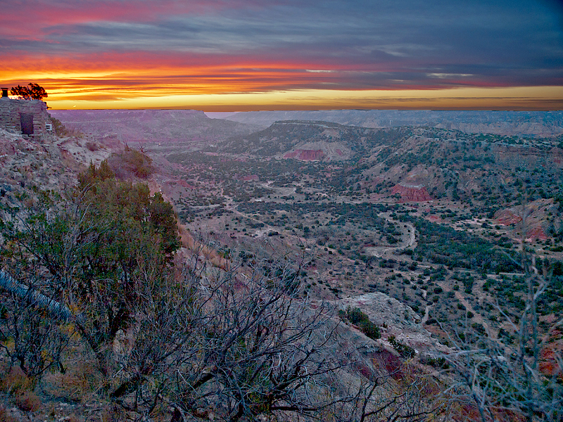 View from the Goodnight Cabin at sunset, with a view of the Lighthouse Cabin (upper left). Photo by John Chandler