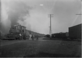 Black and white photo of a train at a station