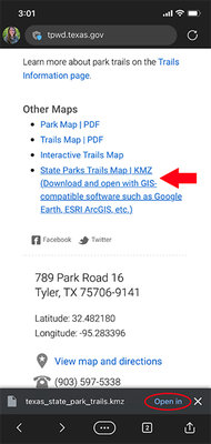 Screenshot of a phone showing the link to the trails data KMZ file on a park Maps page.