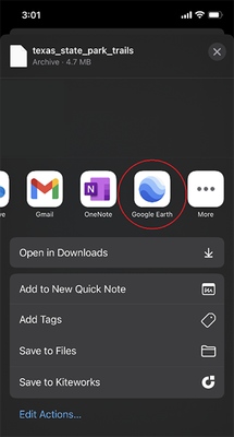 Screenshot of a phone showing how to select Google Earth as the app to open the file.