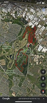 Screenshot of a phone showing a zoomed in view of McKinney Falls State Park. The entire trail system can be seen.