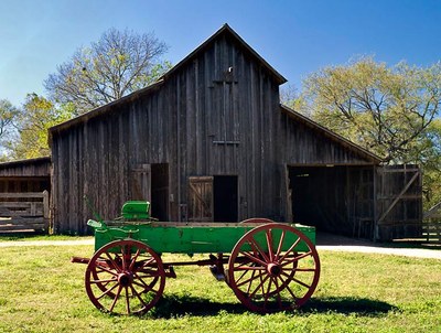 Green-painted wagon in front of old wooden barn at Sauer Beckmann Farm