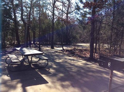 An ADA campsite with a concrete picnic pad and paved walkways