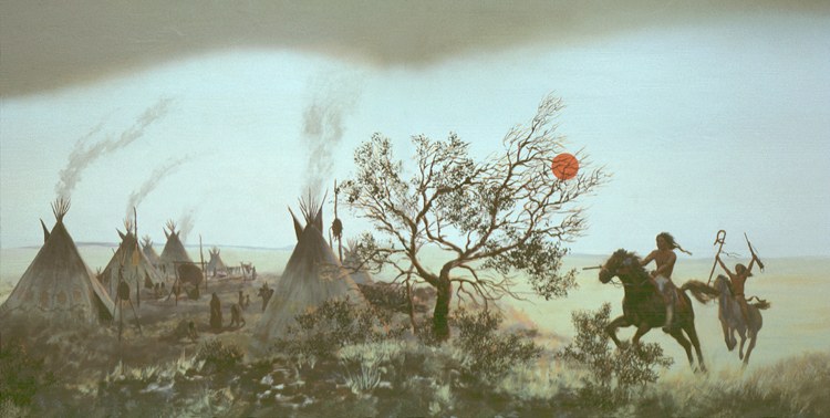 Painting of two Native-American men on horseback approach a group of tipis.