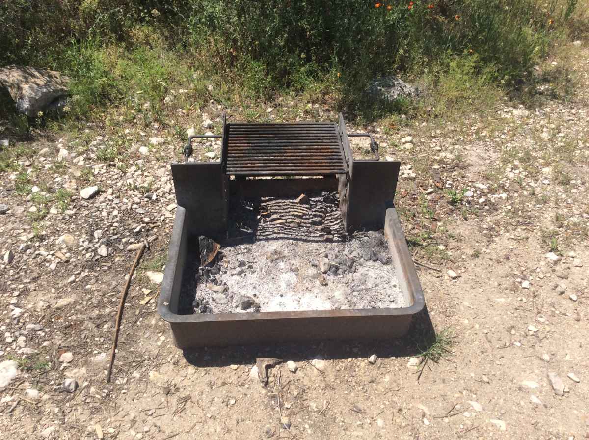 The fire ring with adjustable grill at Campsite 9.