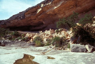 View of the Fate Bell Shelter from the canyon 