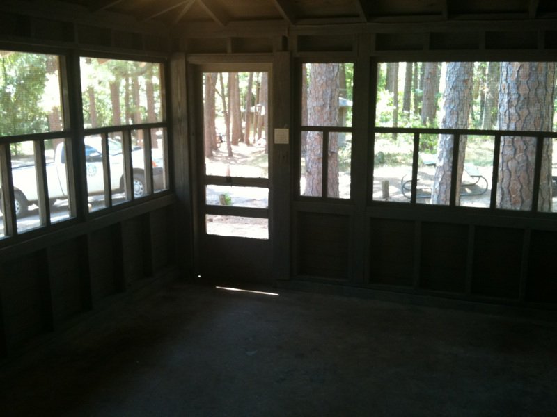 Looking out the screened front of the shelter.